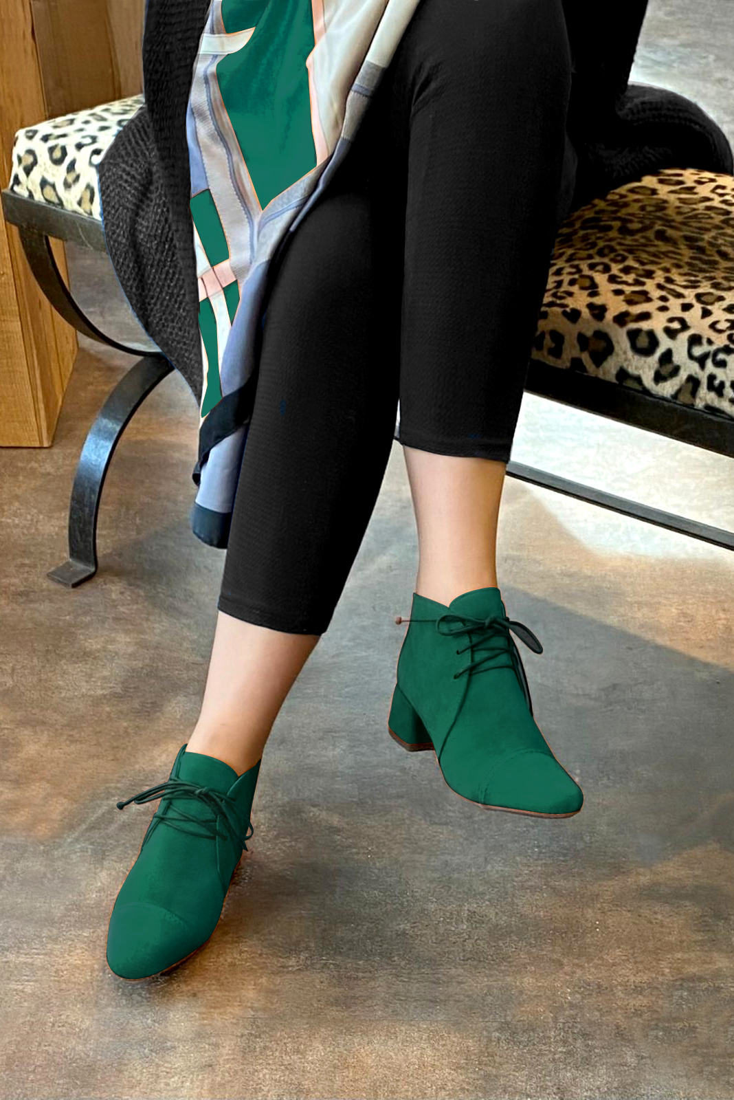 Emerald green women's ankle boots with laces at the front. Round toe. Low flare heels. Worn view - Florence KOOIJMAN